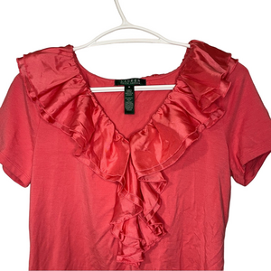 Lauren Ralph Lauren Coral Pink Ruffle V Neck Tee Womens Medium Elegant Feminine